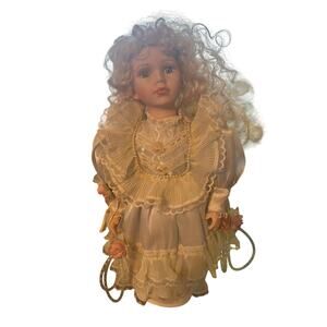 Vintage Curly Haired Porcelain Doll 17" Fancy Dress Needs Love Craft Project